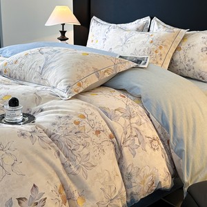 Ensemble de literie confortable en coton lavé, 4 pièces, imprimé floral, housse de <span class=keywords><strong>couette</strong></span> douce et respirante avec taie d'oreiller pour la maison, bleu - Product Image 1