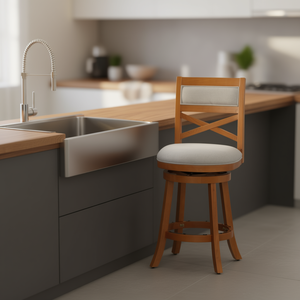 24 In <b>Counter</b> Height X <b>Back</b> Swivel Bar <b>Stool</b> <b>With</b> Beige Fabric Seat Natural Wood Finish For Bar Use - Product Image 2