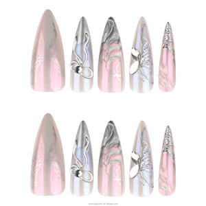 أظافر صناعية طويلة مدببة باللون الوردي والأرجواني مع فيونكة وطباعة فضية ساخنة - Product Image 2