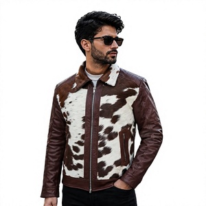 Veste en cuir de vache véritable pour homme, imprimé animal, col rabattu, fermeture éclair, style motard, vêtements d'hiver - Product Image 1
