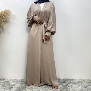 1975# New Arrival Smooth Ribbed Satin Open <b>Abaya</b> Straight Cuffs Elegant Women Dubai Cardigan With Side Pockets 4 Colors - Product Image 2