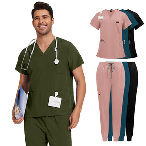 Conjuntos de Uniformes Médicos Unisex, Top de Manga Corta con Cuello en V y Bolsillos, Pantalones con Cordón, Uniformes de Hospital, Tejido de Algodón, Poliéster y Elastano - Product Image 1