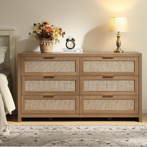 Ensemble de commode en rotin Rangement à 6 tiroirs avec poignées en rotin et or pour chambre principale ou salon - Product Image 3