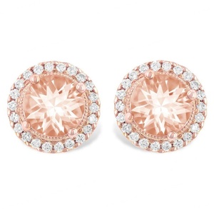 Pendientes de Morganita con Corte Redondo y Diseño Simple, Chapados en Oro Rosa de 14K, Pendientes de Botón con Halo de Diamantes - Product Image 1