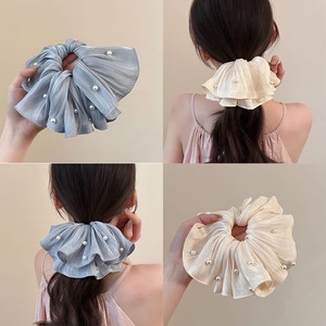 Grands chouchous pour cheveux en dentelle et perles, pour femmes, avec perles à facettes, plissés, et élastique de couleur unie - Product Image 6