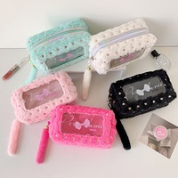 Trousse de Maquillage en Peluche Douce avec Fenêtre Transparente, Imprimé Cœur, Nœud et Fermeture Éclair – Pochette Cosmétique, Trousse à Crayons, Cadeau Mignon pour Filles, Logo Personnalisé, Vente en Gros, OEM