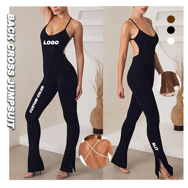 One Piece Bodysuit Petite Scoop Neck Backless Gym Playsuit Yoga Workout Jumpsuits Women with Side Slit