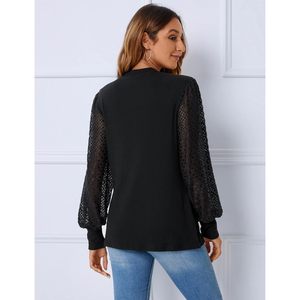 Womens Dressy Sweater Mock Neck <b>Lantern</b> Sleeve Lace Hollow Out Elegant Pullover Business Casual Top - Product Image 3