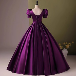Purple Satin Ball Gown With Puff Sleeves And Beaded Waist For Women Stage Performance Dress - Product Image 4