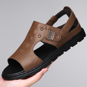 <b>Flat</b> <b>Sandals</b> Open Toe Pu Upper Rubber Outsole Anti Slip Casual Men's Summer Shoes Embossed Logo - Product Image 1