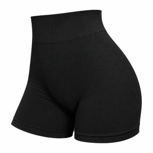Shorts de yoga côtelés taille haute noir uni extensibles dans quatre directions avec taille élastique sans couture - Product Image 1