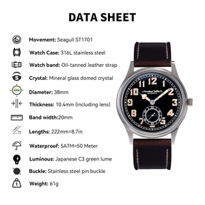 Hruodland New Men <b>Automatic</b> Mechanical Watch Seagull ST1701 Retro Pilot Sapphire Glass Stainless Steel Leather Reloj Hombre - Product Image 3