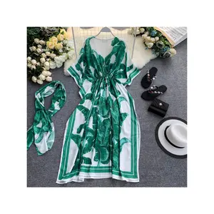 2021 New Women's Skinny Thailand Reise pflanze Print Kleid Bali Sanya Seaside Vacation Beach Dress