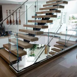 Powder Coated Steel Mono Stringer Stairs Solid Wood Tread Staircase