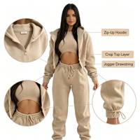 Ensemble de vêtements de détente pour femmes VELAN tendance printemps-été, à capuche zippée, côtelé, longueur intégrale, taille haute, uni, épaissi, avec cordon de serrage, 3 pièces