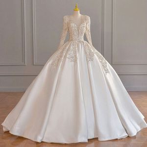 Nuovo Abito da <span class=keywords><strong>Sposa</strong></span> Estivo a Maniche Lunghe con Ricche Applicazioni di Perline, Scollo a V in Raso, Texture Avanzata, Stile Francese - Product Image 1