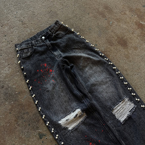 Мужские джинсы-багги из денима с эффектом кислотной стирки, ручной росписи, с бусинами, винтажные, в стиле хип-хоп, уличная одежда, высокое качество, OEM-производство - Product Image 2