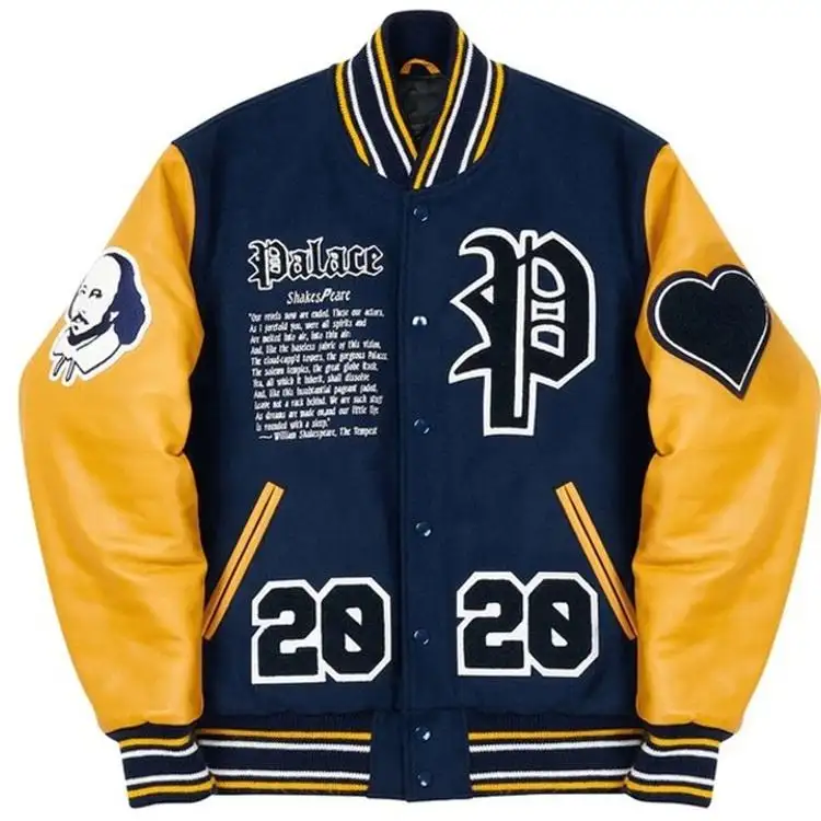 OEM personalizado hombres 2023 de alta calidad de lana cuerpo de cuero mangas bordado parche Letterman chaqueta universitaria con 2 bolsillos laterales