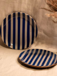 Handmade Indigo Blue Stripe High-Fired Stoneware Ceramic Durable Oven/Microwave Safe <b>Side</b> <b>Plate</b> Decorative Bowl Crackle Finish - Product Image 4