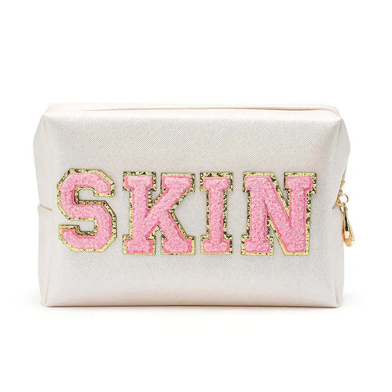Waterproof Preppy Patch Skin Varsity Letter Pu Leather Cosmetic Bag Toiletry Makeup Zipper Pouch