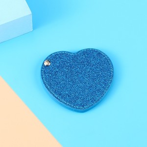 Custom Sky Blue Glitter Leather Cover Mini Heart Shape Mirror Portable for Travel Gift