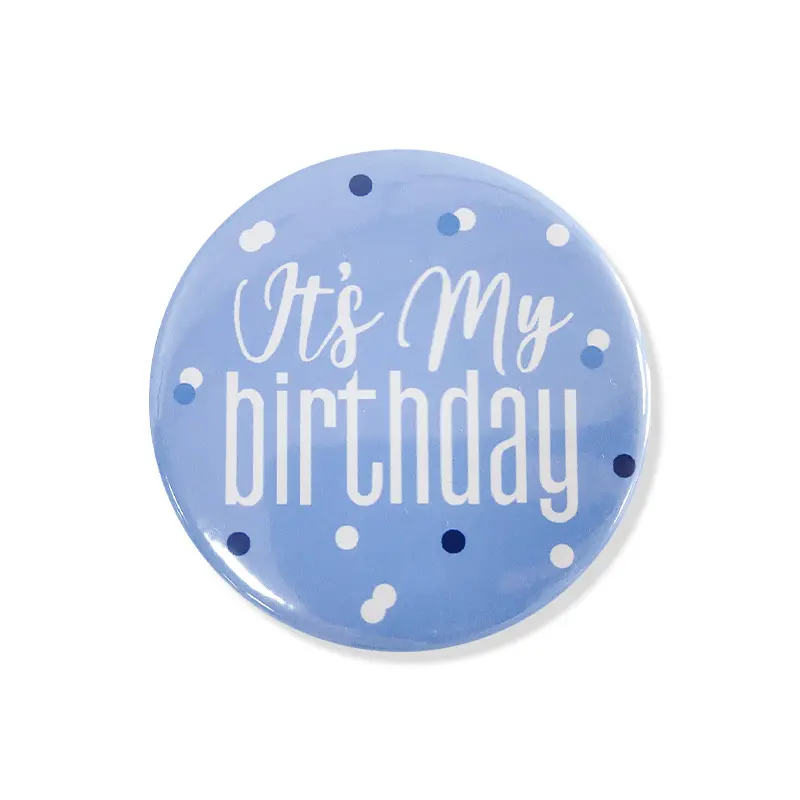Nueva impresión personalizada blanco azul Bebé feliz cumpleaños insignia cumpleaños hojalata insignia