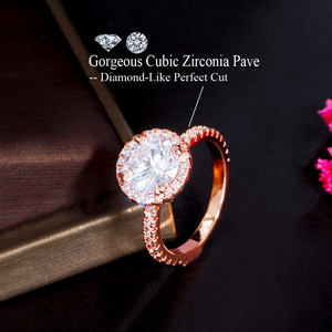 Обручальные кольца из розового золота, обручальные кольца на палец для женщин, ювелирные изделия, подарок с удивительным большим круглым кристаллом CZ - Product Image 5