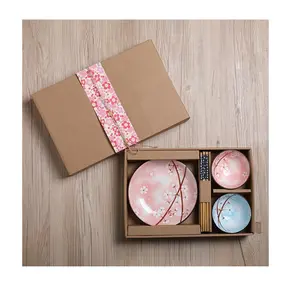थोक 2 टुकड़े सेवारत सेट-उपहार बॉक्स के साथ 5-टुकड़ा मिट्टी Tableware कटोरा और प्लेट और काँटा उत्तम जापानी उपहार बर्तन सेट के साथ उपहार बॉक्स