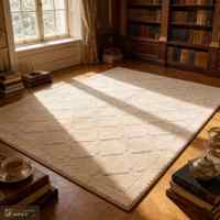 Tapis minimaliste italien LandScopeTech sur mesure, motif diamant 3D, beige clair, en polypropylène, poils de 7 mm, avec envers en coton tissé