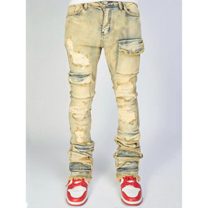 Dropshipping Retro Color Stone Wash <b>Stretch</b> Denim Jeans <b>Men</b> Slim Fit Ripped Multi Pocket Stacked Flare Pants - Product Image 2
