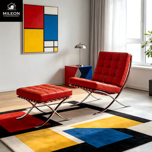 Sillón <span class=keywords><strong>Barcelona</strong></span> Individual, Sillón de Ocio Nórdico Simple, Sillón de Diseño con Brazos Metálicos para Sala de Estar, Hotel o Habitación Modelo, Tapizado en Cuero o Tela - Product Image 5
