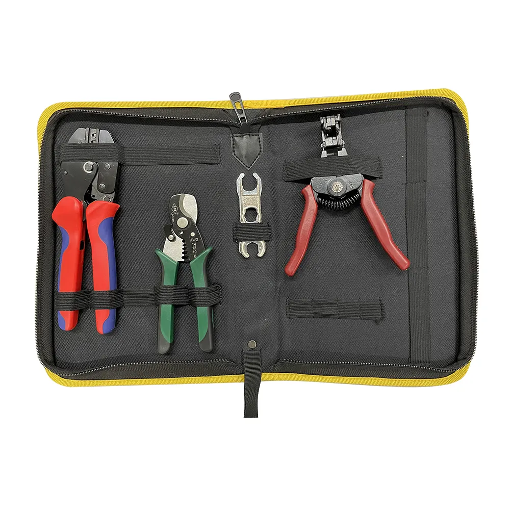 solar connector tools including wire cutter, wire stripper, crimping pliers and spanner wrench