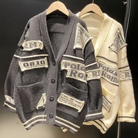 Cárdigan de Cachemira para mujer, suéter de punto de manga larga con cuello en V de Color sólido con bolsillo y patrón de letras, stock de moda disponible