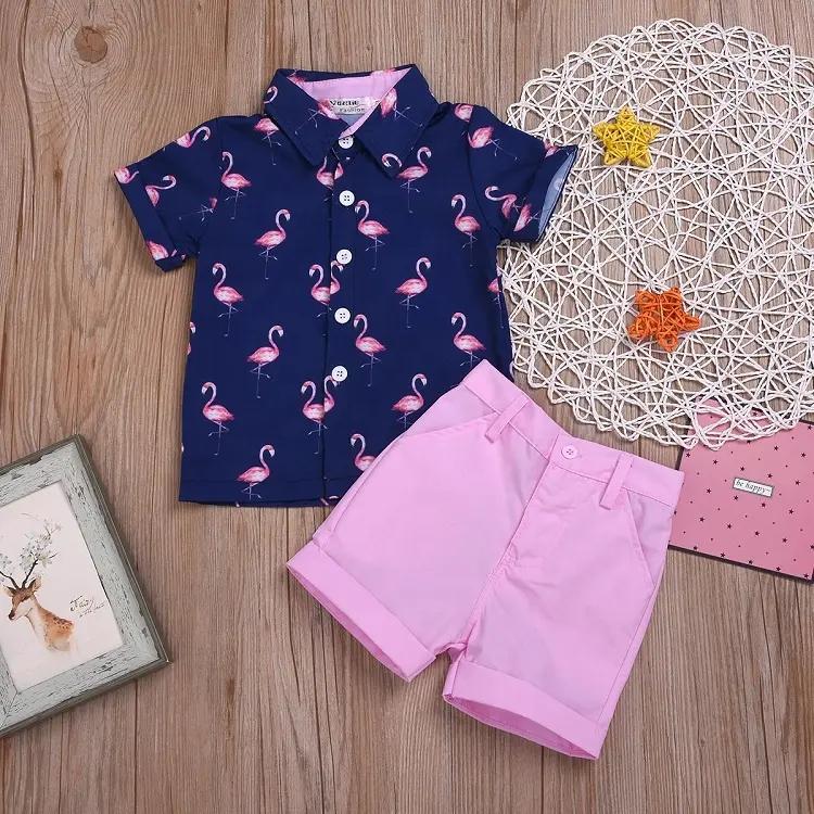 New. Arrival Summer Casual Boys 2 Pieces Clothing Set Short Sleeve Flamingo Printed Shirt +Pink Shorts Clothing Set For Kids