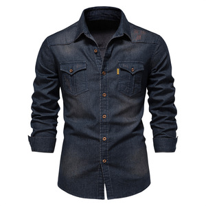 Camicie da uomo in Denim <span class=keywords><strong>blu</strong></span> scuro tinta unita con taglio in Denim lavato - Product Image 1