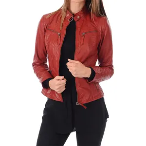 Custom Windproof Motorcycle Stand Collar Sheepskin Biker Short Jacket Zip Pocket Ladies Leather Jacket For Women