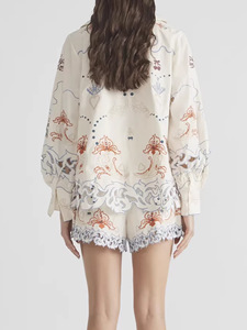 Women's Vintage French Style 2-Piece Set Floral Hollow Embroidered Printed Lapel Long Sleeve Shirt <b>Top</b> & Above Knee Shorts - Product Image 2