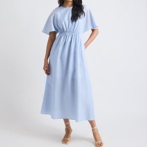 Robe longue bohème tissée, coupe décontractée évasée avec manches volantées, taille élastique, motif uni, toutes saisons - pour l'automne - Product Image 1