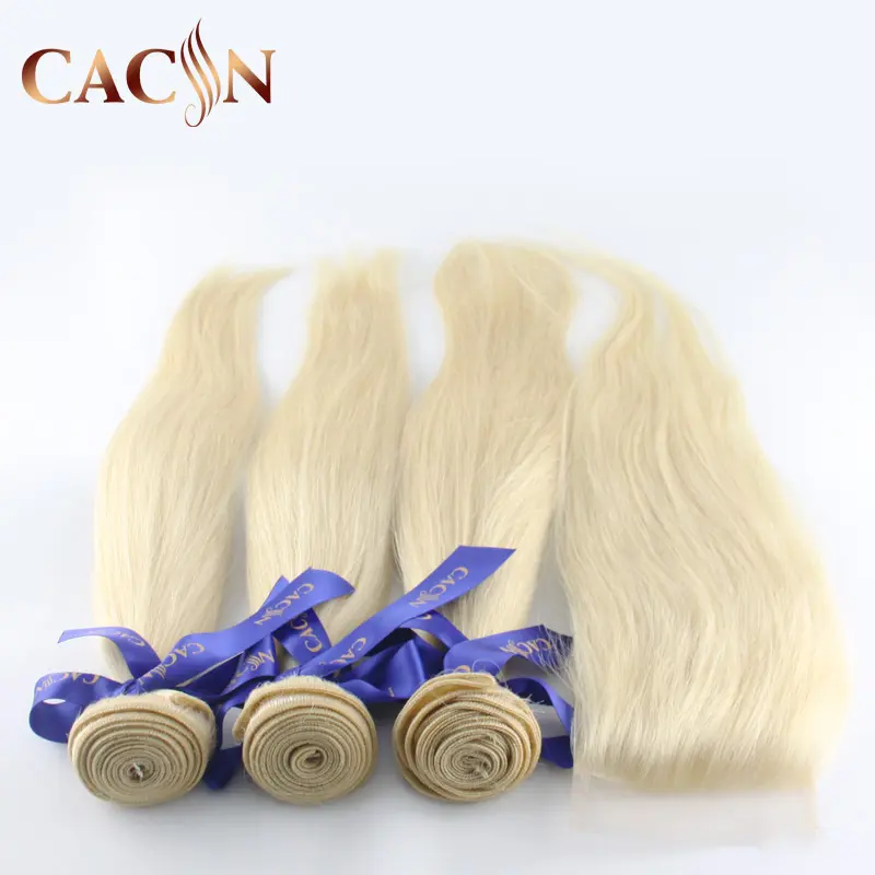 Wholesale grade 14A 100% virgin brazilian 613 blonde human hair bundles with lace closure