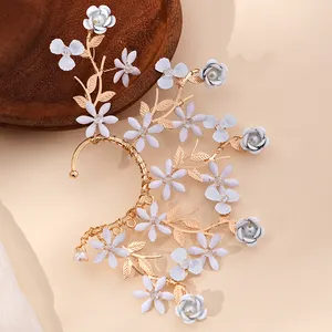 Fashion Women Handmade Ear Cuff Jewelry Non-piercing Flowers Ear Bone Clip Rose Branch Vine Leaf Elf Tassel Clip Earrings