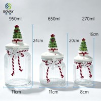 Stoples Kaca Keramik Bentuk Pohon Natal Lukis Tangan, Stoples Transparan Bergaris, 270/650/950ml, Wadah Penyimpanan Permen Pesta Natal