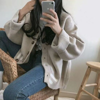 2026 Musim Gugur Musim Dingin Grosir Baru Wanita Korea Cardigan Rajut Tebal Longgar V Neck Lengan Panjang Kancing Besar Oversized Beige Nyaman Hangat
