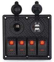 Panel saklar Rocker LED 4 Gang 12V, dengan Voltmeter Digital dua Port USB 12V kombinasi Outlet