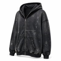 Sweat-shirt zippé sur mesure pour homme, coupe oversize, style vintage délavé, effet usé et déchiré, avec éclaboussures de peinture, en tissu épais