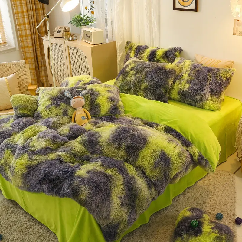 2022 Nieuw Groothandel Luxe Pluizige 4 Stuks Dekbedovertrek Sets Warm Shaggy Pluche Laken Crystal Fluwelen Beddengoed Set Voor winter