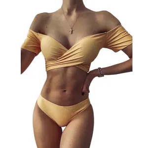 Maillot de bain blanc avec des lacets, haut court et taille haute croisé dans le dos, manches courtes, Micro, Bikini, pour les femmes, couleur unie,