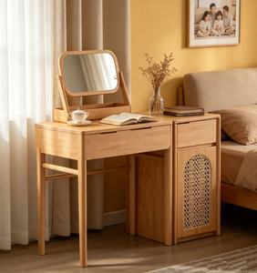 Premium Solid Oak Rattan <b>Dressing</b> <b>Table</b> Adjustable Mirror Multi <b>Storage</b> Cabinet Minimalist Bedroom Makeup Vanity - Product Image 6