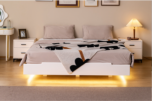 Cama Suspendida de Madera Maciza de Alta Gama Personalizada con Lámpara de Inducción de Lujo para Dormitorio Principal - Diseño Crema - 1.2-1.8 Metros - Product Image 3