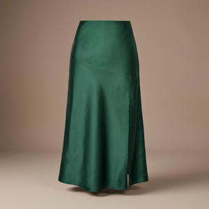 Jupe midi en satin vert uni à taille haute pour femme avec fente latérale, design élégant et droit, à porter toute l'année - Product Image 4