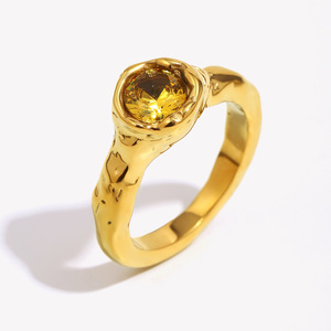 Stainless Steel Irregular Hammered Texture <b>Ring</b> 18K Gold Plated Yellow Zircon Inlay Vintage <b>Statement</b> Finger <b>Ring</b> For Women - Product Image 1